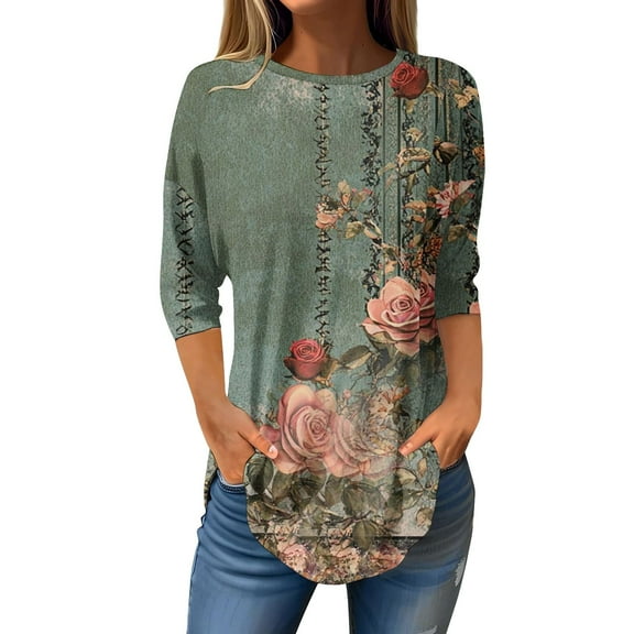 ZHENHONG Graphic Tees for Women, Women's Spring/Summer Flower Print Round Neck 7 Point Sleeve T Shirt Base Shirt Top Long Sleeve T Shirt Going Out Tops