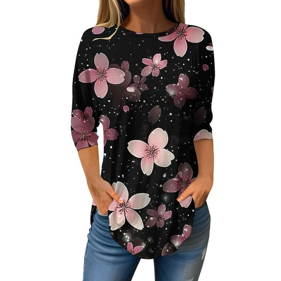 ZHENHONG Graphic Tees for Women, Women's Spring/Summer Flower Print Round Neck 7 Point Sleeve T Shirt Base Shirt Top Long Sleeve T Shirt Going Out Tops