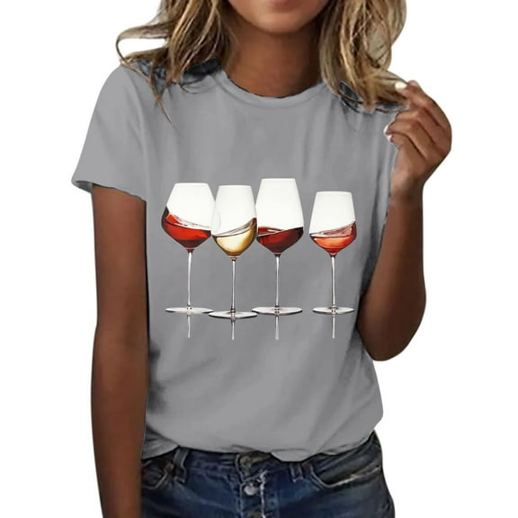 ZHENHONG Graphic Tees for Women, Women's Wine Glass Printed Shirt Short Sleeve Crew Neck T Shirt Lightweight Soft Casual Summer Clothes Going Out Tops