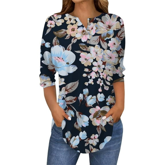 ZHENHONG Graphic Tees for Women, 2025 Spring Neck Casual Print Tunic T Shirts Three Quarter Length Womens Tops Going Out Summer Tops
