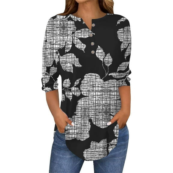 ZHENHONG Graphic Tees for Women, 2025 Spring Neck Casual Print Tunic T Shirts Three Quarter Length Womens Tops Going Out Summer Tops