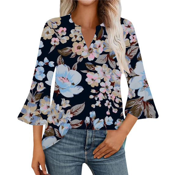 ZHENHONG Graphic Tees for Women, 3/4 Length Sleeve Womens Tops V Neck Spring Shirts 2025 Petal Bell Sleeve Plus Size Boho Tees Going Out Summer Tops