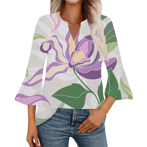 ZHENHONG Graphic Tees for Women, 3/4 Length Sleeve Womens Tops V Neck Spring Shirts 2025 Petal Bell Sleeve Plus Size Boho Tees Going Out Summer Tops