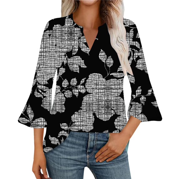 ZHENHONG Graphic Tees for Women, 3/4 Length Sleeve Womens Tops V Neck Spring Shirts 2025 Petal Bell Sleeve Plus Size Boho Tees Going Out Summer Tops