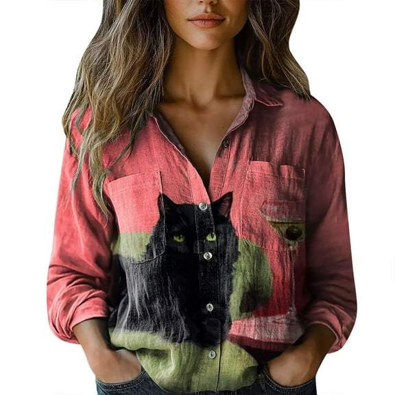 ZHENHONG Graphic Tees for Women, Women Cotton Shirt Printed Fashion Button Down Shirts Casual Tops Long Sleeve Blouse Going Out Tops