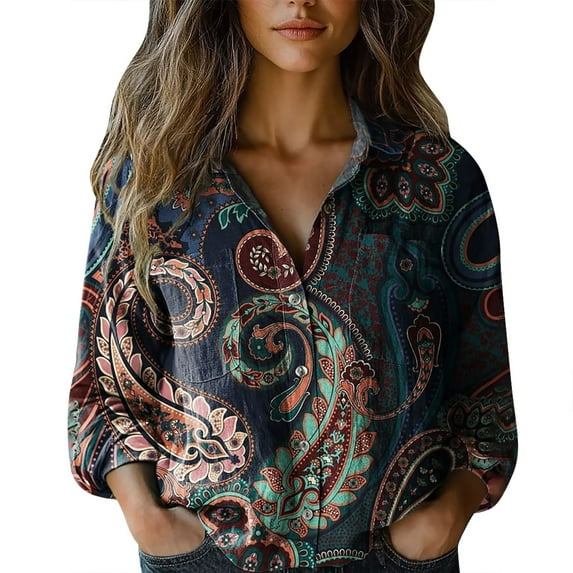 ZHENHONG Graphic Tees for Women, Women Cotton Shirt Printed Fashion Button Down Shirts Casual Tops Long Sleeve Blouse Going Out Tops