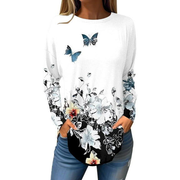 ZHENHONG Graphic Tees for Women, Women's 2025 Popular Printed Casual Loose Daily Round Neck Long Sleeved T Shirt Going Out Tops