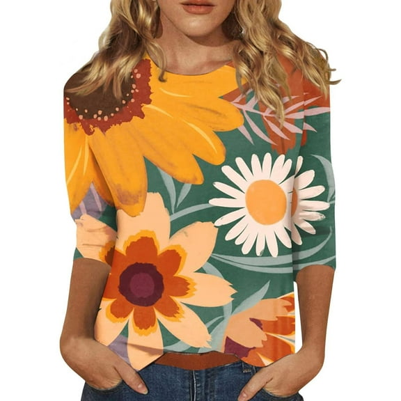 ZHENHONG Graphic Tees for Women, Women's Fashion Casual Floral Stripe Print Three Quarter Sleeve T Shirt Going Out Tops