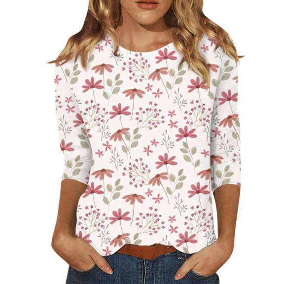 ZHENHONG Graphic Tees for Women, Women's Fashion Casual Floral Stripe Print Three Quarter Sleeve T Shirt Going Out Tops
