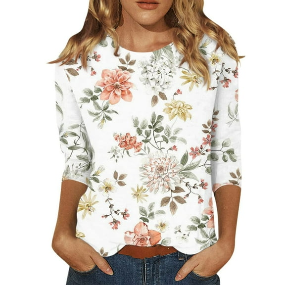 ZHENHONG Graphic Tees for Women, Women's Fashion Casual Floral Stripe Print Three Quarter Sleeve T Shirt Going Out Tops