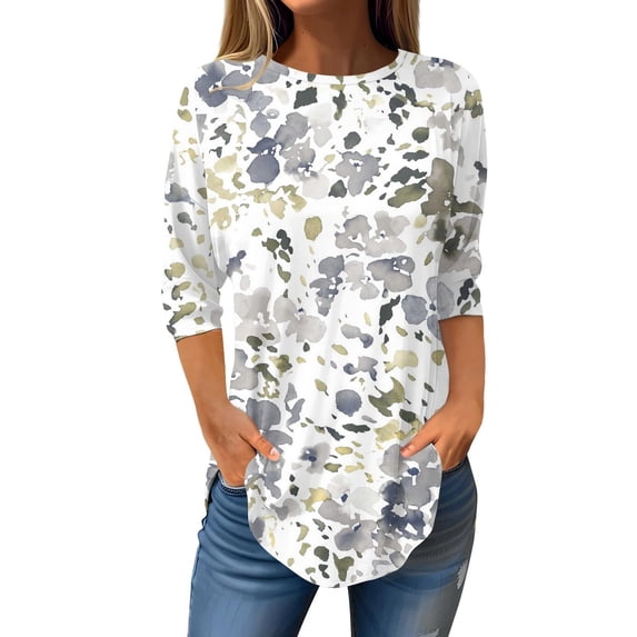 ZHENHONG Graphic Tees for Women, Women's Printed Fashionable Casual Round Neck and Three Quarter Sleeve Top Going Out Tops