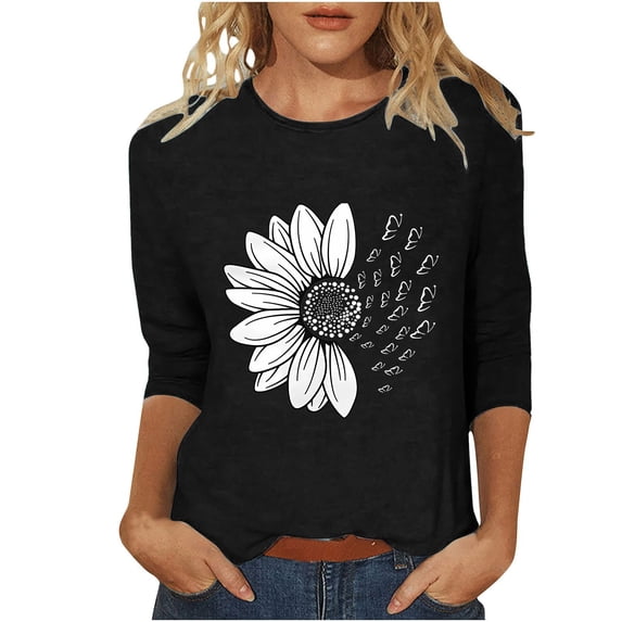 ZHENHONG Graphic Tees for Women, Women's Sunflower Chrysanthemum Flower Butterfly Print 7 Quarter Sleeve Crew Neck Top Going Out Tops