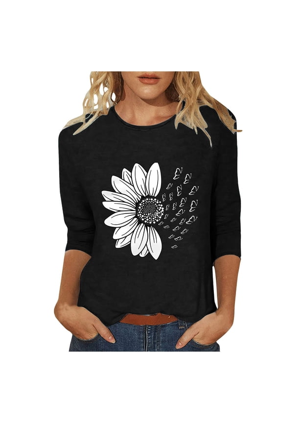 Graphic Tees for Women, Women's Sunflower Chrysanthemum Flower Butterfly Print 7 Quarter Sleeve Crew Neck Top Going Out Tops