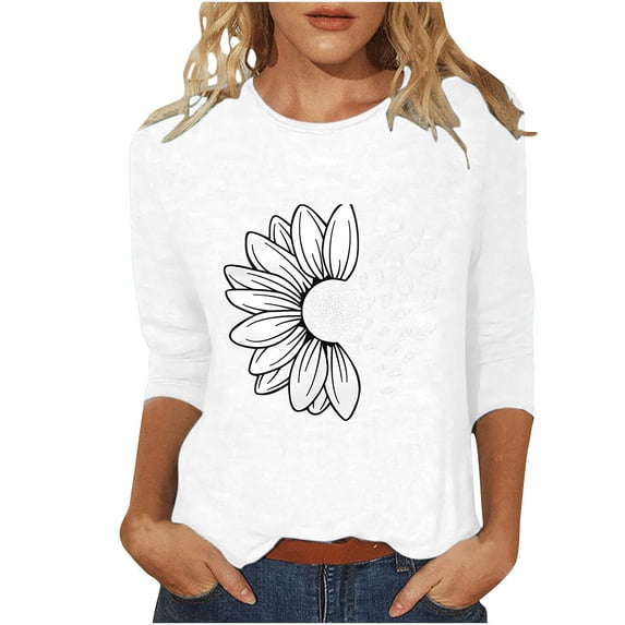 ZHENHONG Graphic Tees for Women, Women's Sunflower Chrysanthemum Flower Butterfly Print 7 Quarter Sleeve Crew Neck Top Going Out Tops