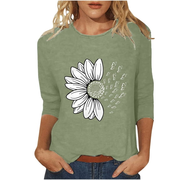 ZHENHONG Graphic Tees for Women, Women's Sunflower Chrysanthemum Flower Butterfly Print 7 Quarter Sleeve Crew Neck Top Going Out Tops
