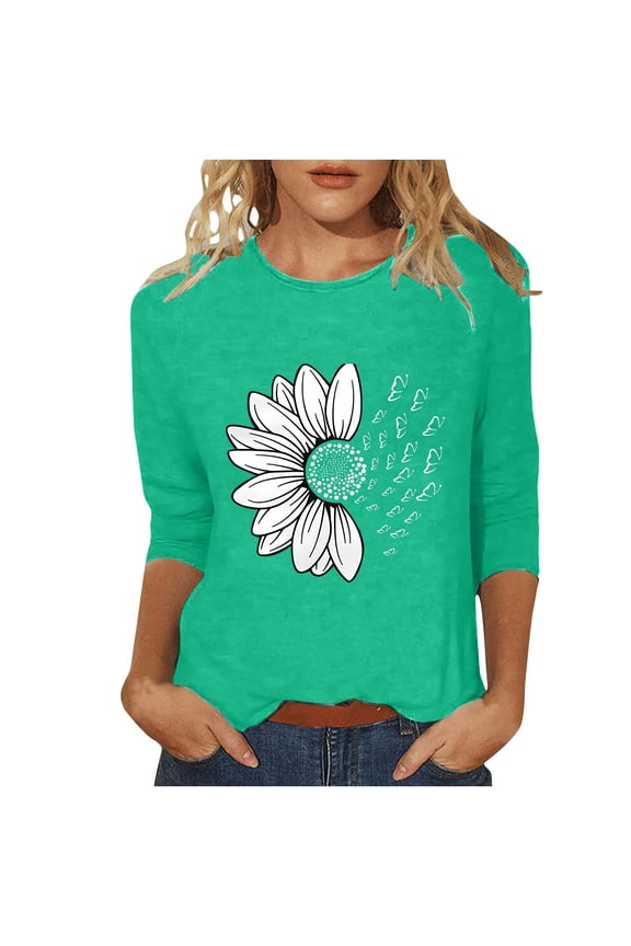 Graphic Tees for Women, Women's Sunflower Chrysanthemum Flower Butterfly Print 7 Quarter Sleeve Crew Neck Top Going Out Tops