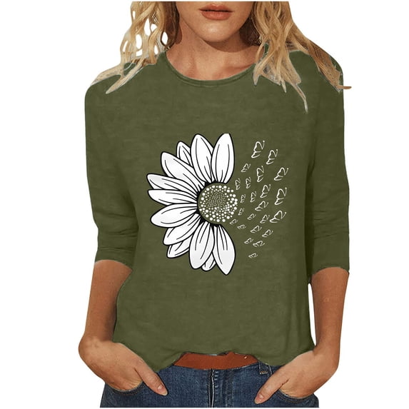 ZHENHONG Graphic Tees for Women, Women's Sunflower Chrysanthemum Flower Butterfly Print 7 Quarter Sleeve Crew Neck Top Going Out Tops