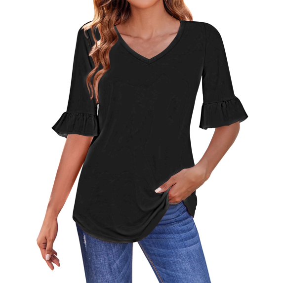 ZHENHONG Long Sleeve T Shirt Women 3/4 Length Sleeves Womens Tops Blouses For Women Casual Tops Trendy Shirts Spring Clothes 2025,Black Women Blending Shirts L