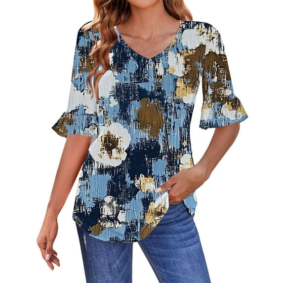 ZHENHONG Long Sleeve T Shirt Women 3/4 Length Sleeves Womens Tops Blouses For Women Casual Tops Trendy Shirts Spring Clothes 2025,Blue Women Blending Shirts L