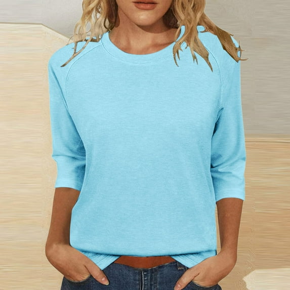 ZHENHONG Long Sleeve T Shirt Women Womens Tops Casual 3/4 Sleeve Crew Neck Shirts Loose Fit Tunic Blouses Summer Tees,Blue Women Blending Shirts XL