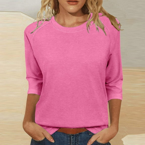ZHENHONG Long Sleeve T Shirt Women Womens Tops Casual 3/4 Sleeve Crew Neck Shirts Loose Fit Tunic Blouses Summer Tees,Pink Women Blending Shirts M
