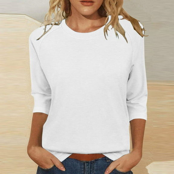 ZHENHONG Long Sleeve T Shirt Women Womens Tops Casual 3/4 Sleeve Crew Neck Shirts Loose Fit Tunic Blouses Summer Tees,White Women Blending Shirts S