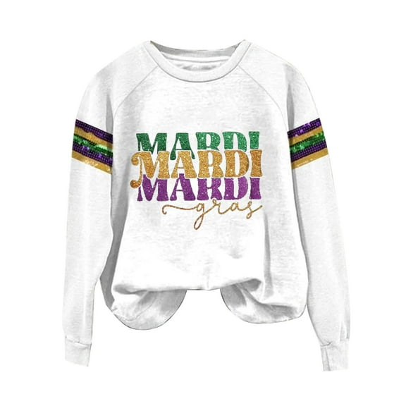 ZHENHONG Mardi Gras Graphic Tees for Women, Women's Carnival Print Crew Neck Long Sleeve Top Going Out Tops
