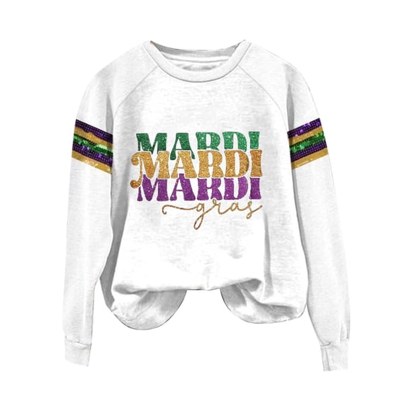 ZHENHONG Mardi Gras Graphic Tees for Women, Women's Carnival Print Crew Neck Long Sleeve Top Going Out Tops