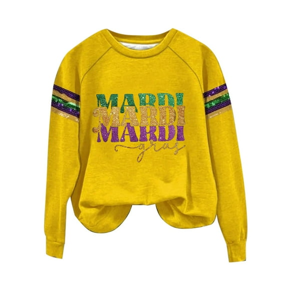 ZHENHONG Mardi Gras Graphic Tees for Women, Women's Carnival Print Crew Neck Long Sleeve Top Going Out Tops