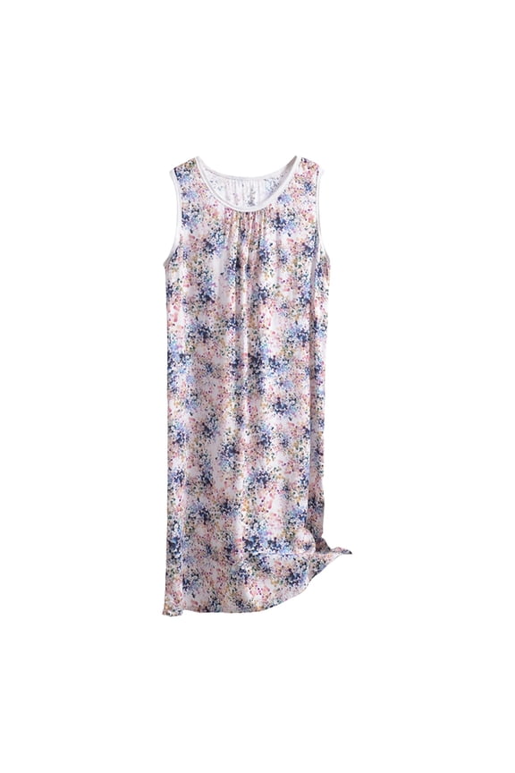 Nightgowns for Women, Casual Round Neck Pattern Print Sleeveless Fly Floral Print Dress With Pocket Casual Long NightDress, Women's Sleepwear Red