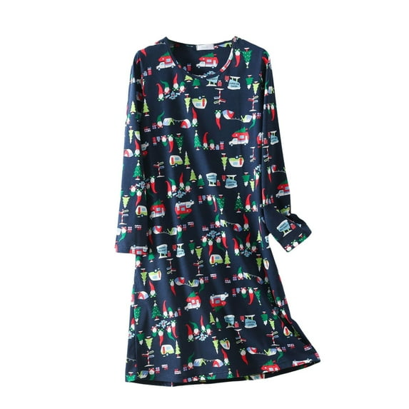 ZHENHONG Nightgowns for Women, Long Sleeve Cartoon Sleep Shirts Cute Pajama Dress Casual Loose Printed Sleepwear, Women's Sleepwear Blue