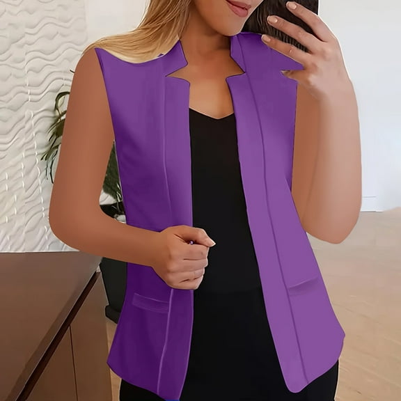 ZHENHONG Outerwear Vests Womens, Women's Autumn Solid Color Flip Tie Pocket Sleeveless Suit JacketWomens Waist Coat Vest