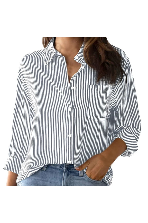 Oversized Linen T Shirts, Cotton Striped Button Down Shirt For Women Little Oversized Long Sleeve Blouses Dress Shirts Work Tops Going Out Tops
