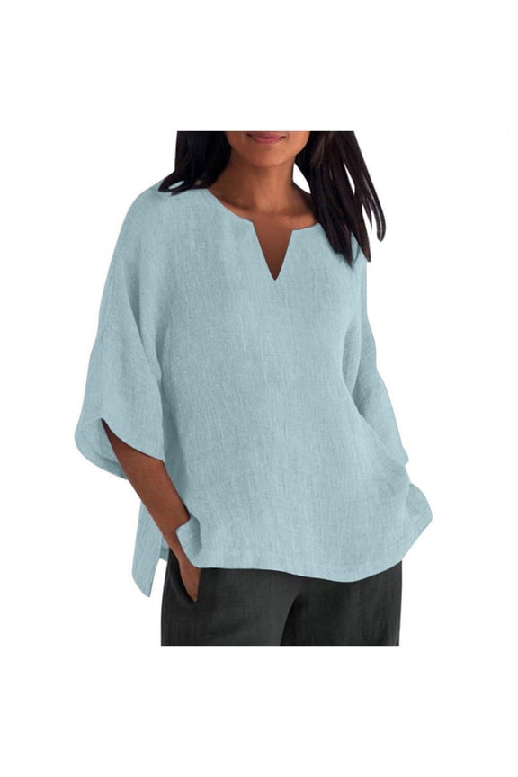 Linen Shirts for Women Loose Fit 3/4 Sleeve Cotton Linen Tops Summer V Neck Plain T Shirts