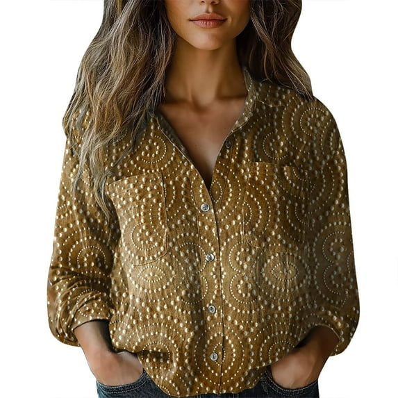 ZHENHONG Oversized Linen T Shirts, Women Cotton Shirt Printed Fashion Button Down Shirts Casual Tops Long Sleeve Blouse Going Out Tops