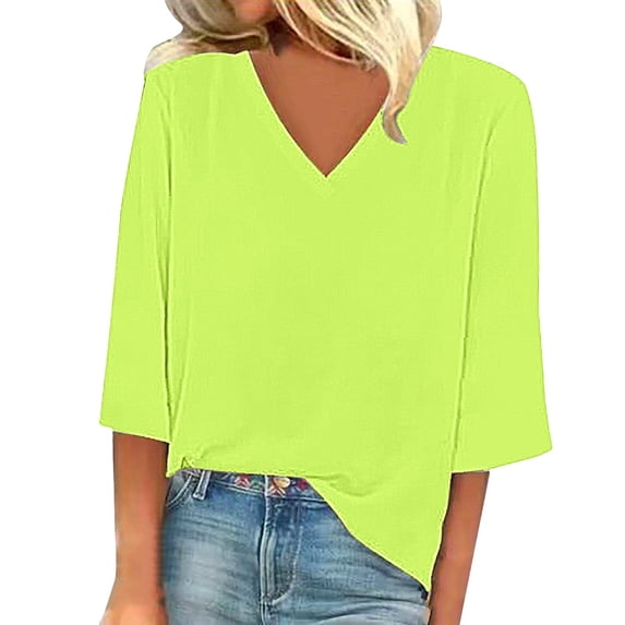 ZHENHONG Oversized Linen T Shirts, Women's Solid Color Fashion Casual V Neck Three Quarter Sleeve Tops Going Out Tops
