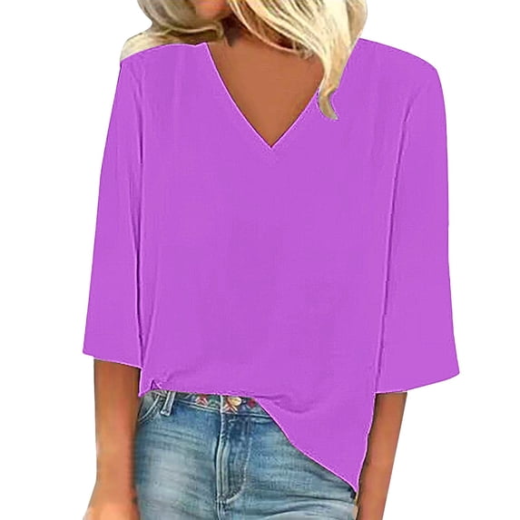 ZHENHONG Oversized Linen T Shirts, Women's Solid Color Fashion Casual V Neck Three Quarter Sleeve Tops Going Out Tops