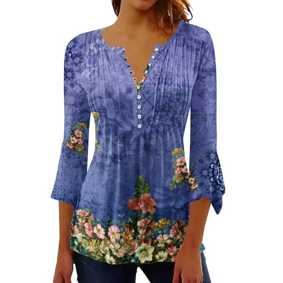 ZHENHONG Oversized Linen T Shirts, Women's Spring Summer Seven Minutes Of Bell Sleeve V Neck Pressed Pleated Solid Color Button T Shirt Going Out Tops