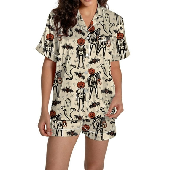 ZHENHONG Pajamas for Women, Halloween Graphic Printed Satin Cute Sleepwear Buttons Short Sleeve Tops Shorts Sets, Women's Sleepwear White