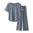 thumbnail image 1 of ZHENHONG Pajamas for Women, 2 Piece Outfits Summer Casual Loose Short Sleeve Pullover Tops & Wide Leg Pants Sets Tracksuit New, Women's Sleepwear Blue, 1 of 6