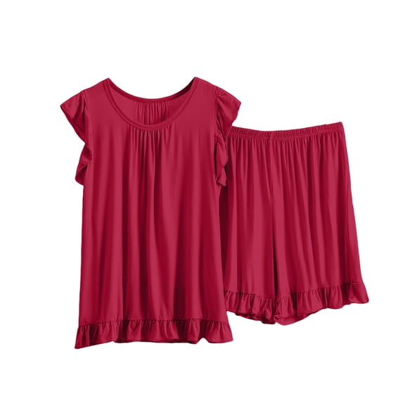 ZHENHONG Pajamas for Women, Ladies' Spring And Summer Solid Color Casual Drawstring Shorts Short Sleeve Pajamas Shorts Home Set, Women's Sleepwear Red