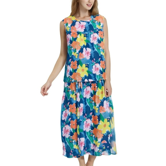 ZHENHONG Pajamas for Women, Summer Cotton Blouse With No Sleeves Pocketed Three Quarter Length Pants Pajama Set For Two Pieces, Women's Sleepwear Blue