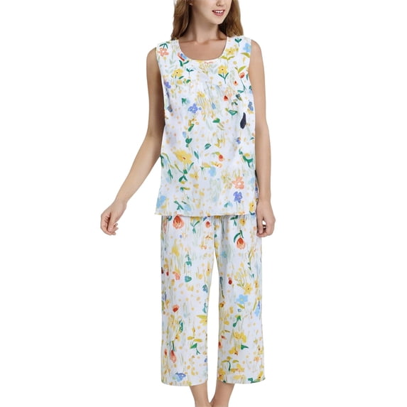 ZHENHONG Pajamas for Women, Summer Cotton Blouse With No Sleeves Pocketed Three Quarter Length Pants Pajama Set For Two Pieces, Women's Sleepwear Green