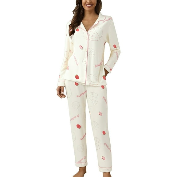 ZHENHONG Pajamas for Women, Casual Lapel Button Print Two Piece Long Sleeve Pajamas Pajamas Suit, Women's Sleepwear Beige
