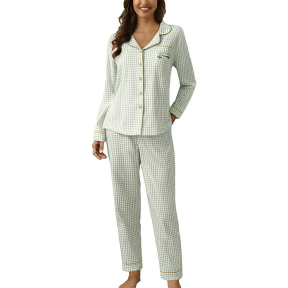 ZHENHONG Pajamas for Women, Casual Lapel Button Print Two Piece Long Sleeve Pajamas Pajamas Suit, Women's Sleepwear Green