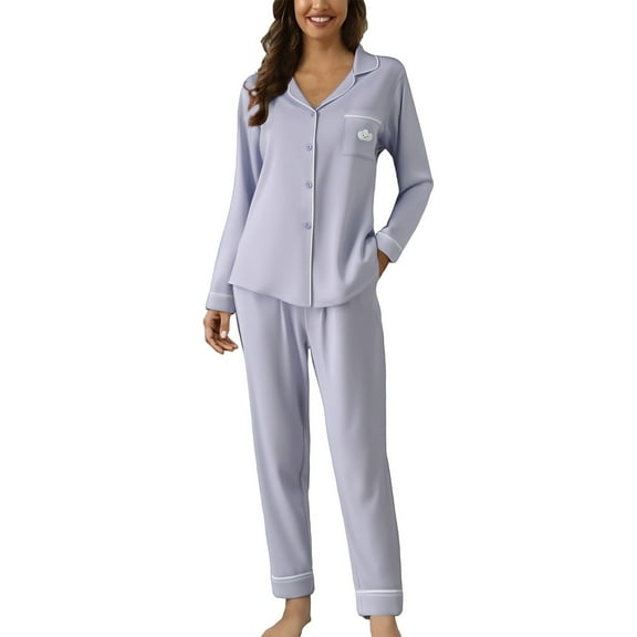 ZHENHONG Pajamas for Women, Casual Lapel Button Print Two Piece Long Sleeve Pajamas Pajamas Suit, Women's Sleepwear Purple