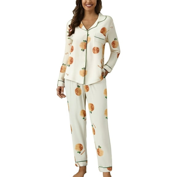 ZHENHONG Pajamas for Women, Casual Lapel Button Print Two Piece Long Sleeve Pajamas Pajamas Suit, Women's Sleepwear Yellow