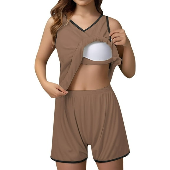 ZHENHONG Pajamas for Women, Casual Summer Loose Strap Chest Short Sleeve Top Shorts Pajamas Set, Women's Sleepwear Brown