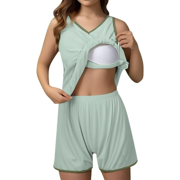 ZHENHONG Pajamas for Women, Casual Summer Loose Strap Chest Short Sleeve Top Shorts Pajamas Set, Women's Sleepwear Green