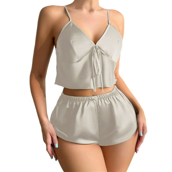 ZHENHONG Pajamas for Women, Ladies Suspenders Solid Color Suspenders Pajamas Thin Shorts Home Sexy Two Piece Pajamas Suit, Women's Sleepwear Beige